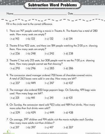 2nd Grade Math Challenge Worksheets at the Movies Subtraction Word Problems