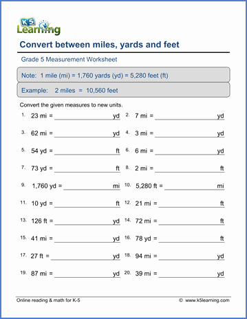 2nd Grade Measurement Worksheets Grade 5 Measurement Worksheet Convert Between Miles Yards