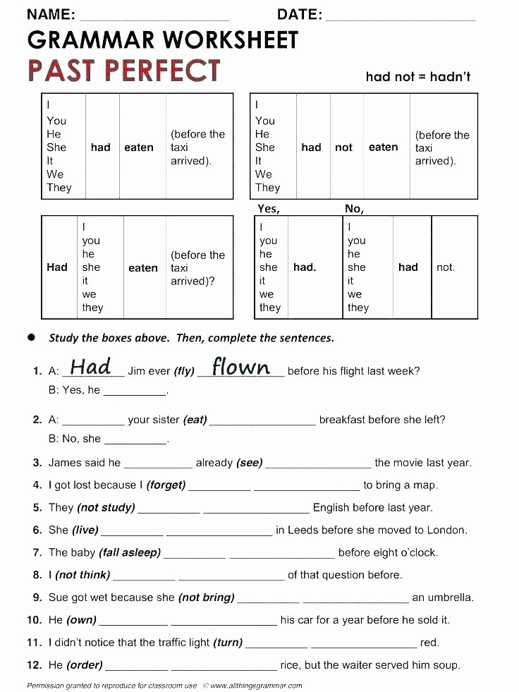3rd Grade Verb Tense Worksheets Verbs Worksheets Tenses Worksheet Grade 5 8 for with Answers