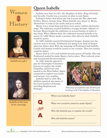 4th Grade History Worksheets Women In History Queen isabella Teach