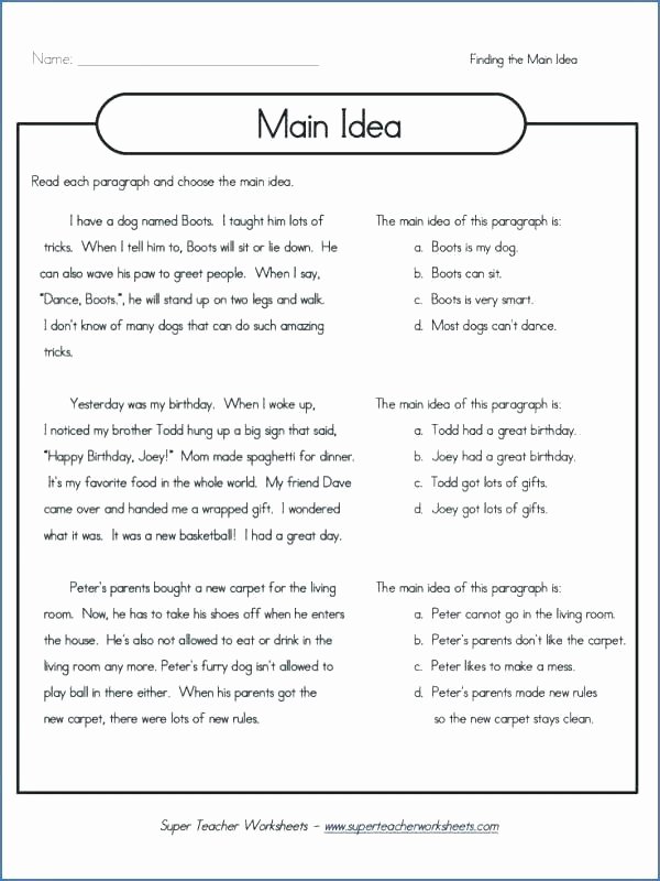 5th Grade Main Idea Worksheets Main Idea First Grade Worksheets