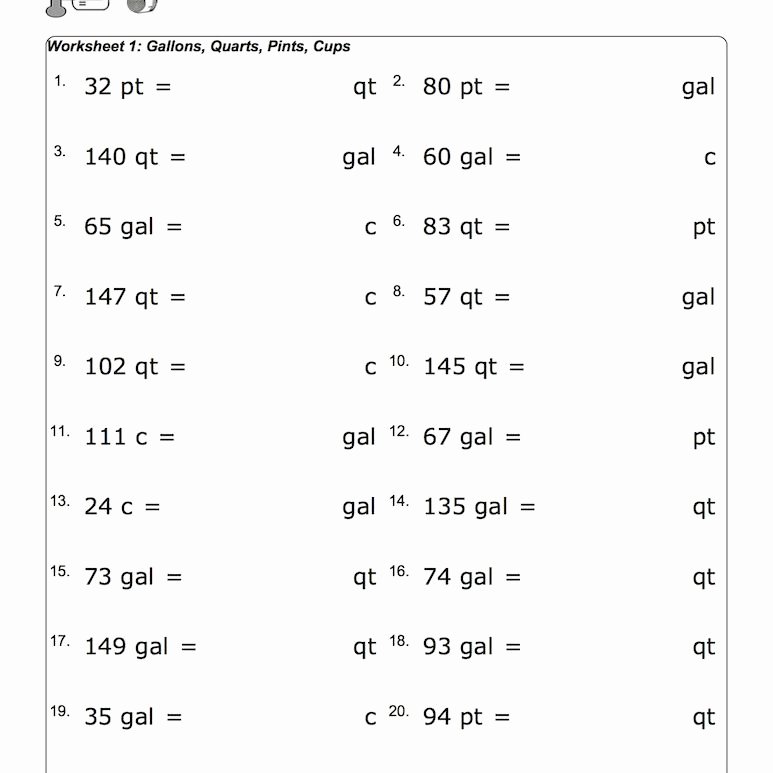 5th Grade Measurement Worksheet Converting Gallons Quarts Pints and Cups