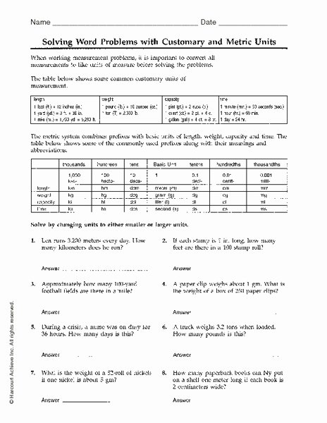 5th Grade Metric Conversion Worksheets solving Word Problems with Customary and Metric Units