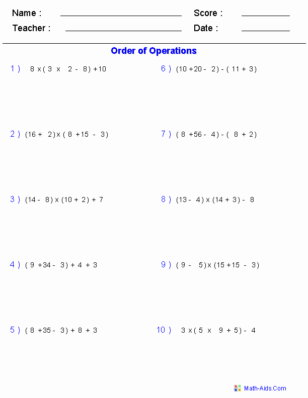 5th Grade Pemdas Worksheets Free Printable Math Worksheets for 6th Grade order Of Operations