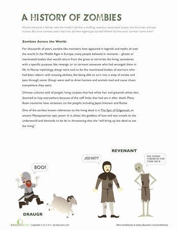 5th Grade Worksheets Printable Reading History Of Zombies Classroom