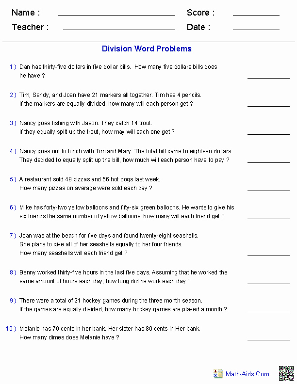6th Grade Math Puzzles Worksheets Dynamically Created Division Word Problems Using 1 Digit In