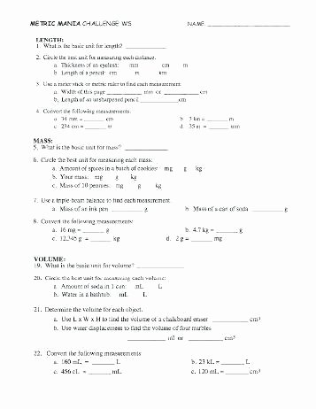 6th Grade Measurement Worksheets Metric System Worksheets 4th Grade