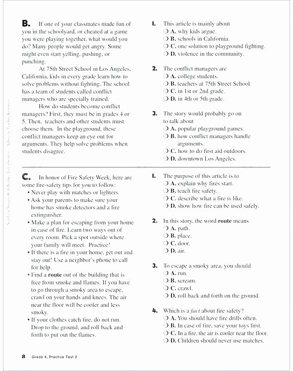 8th Grade Reading Worksheets Reading Prehension Test for Grade 4
