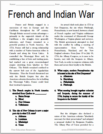 8th Grade Reading Worksheets the French and Indian War Free Printable American History