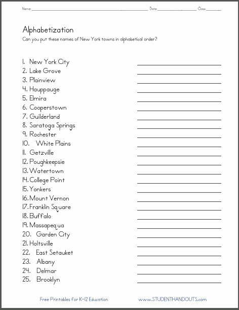 Abc order Worksheets Kindergarten Directions Put the Names Of these Cities and towns Of New
