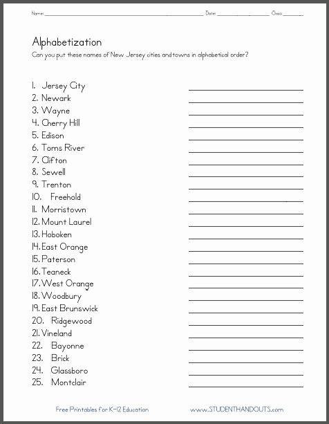 Abc order Worksheets Kindergarten New Jersey Cities Abc order Worksheet Students are asked