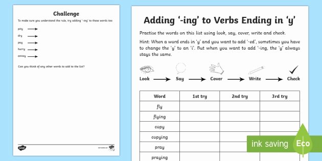 Adding Ing to Verbs Worksheet Year 2 Spelling Practice Adding Ing to Verbs Ending In Y