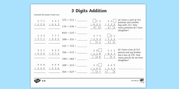Addition 3 Digits Worksheets 3 Digit Number Addition Worksheet