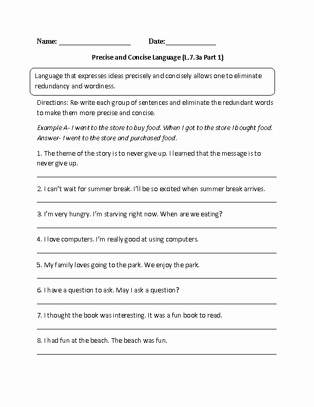 Alliteration Worksheets with Answers Precise and Concise Words L 7 3a Language Worksheet