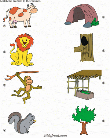Animals and their Habitats Worksheets Kids Activity Match Animals Lion Cow Monkey Squirrel