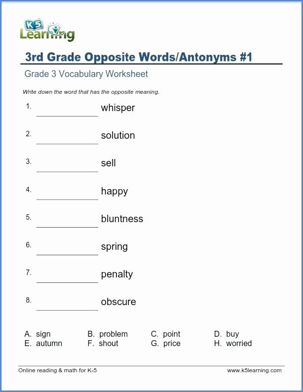 Antonyms Worksheets 3rd Grade K5 Learning Printable Worksheets Grade 3 Vocabulary