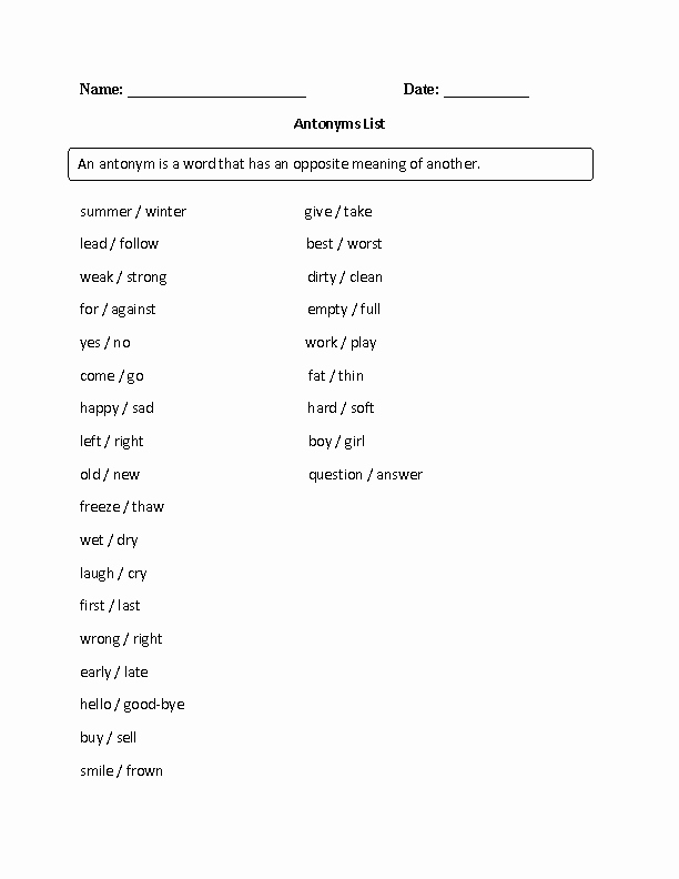 Antonyms Worksheets for Kindergarten Antonyms List Beginner or Intermediate