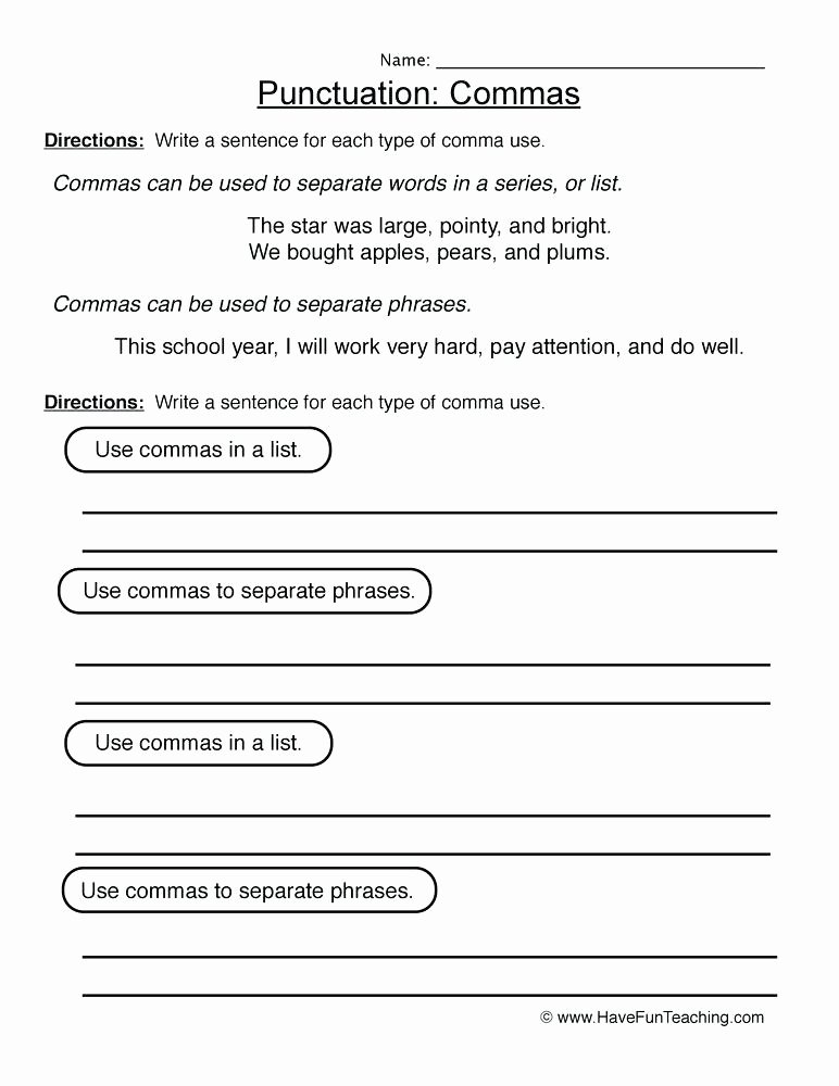 Comma Worksheets Middle School Punctuation for Kindergarten Worksheets