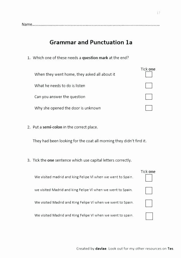 grammar and punctuation worksheets mini tests free subtraction ar practice of for 5th grade