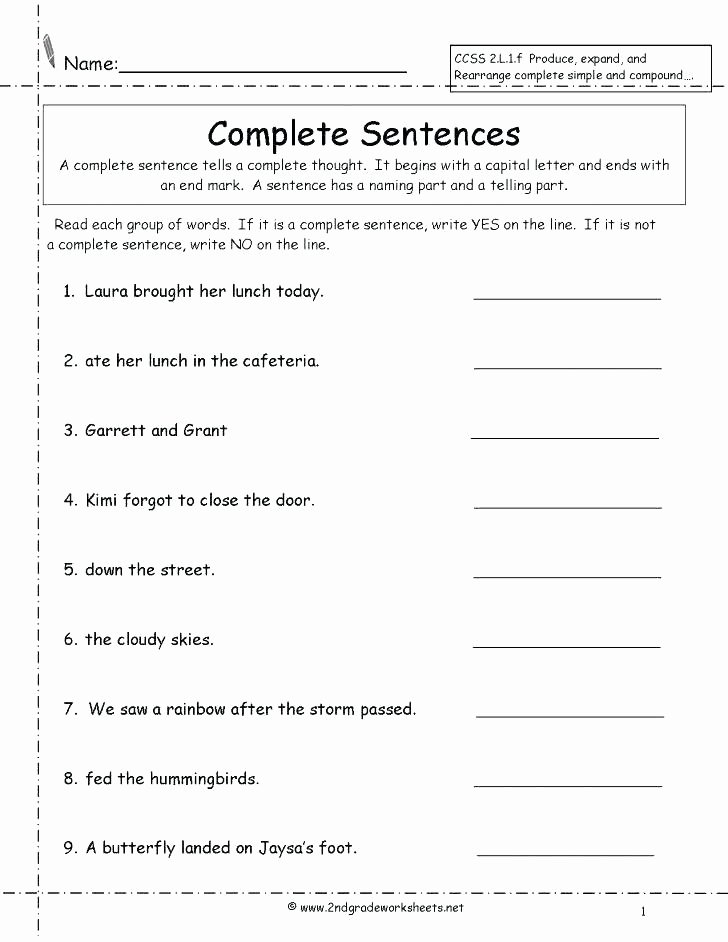 Complete Sentences Worksheet 1st Grade Number Sentence Worksheets 2nd Grade