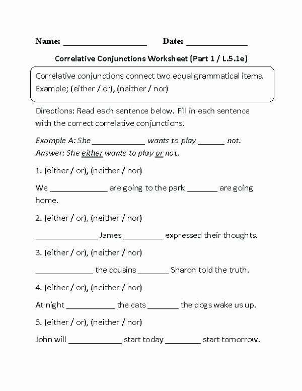 Correlative Conjunctions Worksheets Pdf Grade W Grade 5 Fifth Grade English Worksheets Grade 1