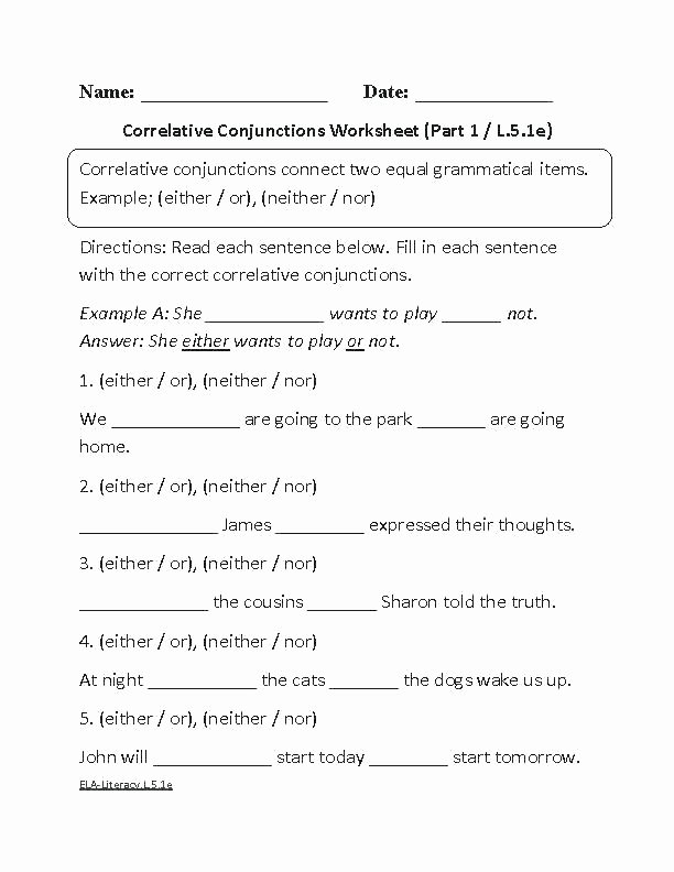 Correlative Conjunctions Worksheets Pdf Printable Language Arts Worksheets Free 6th Grade with Answers