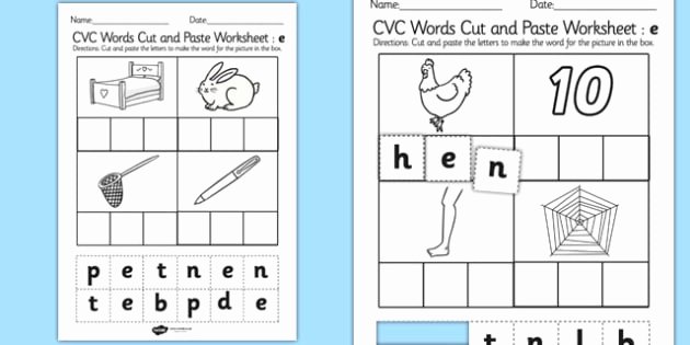 Cvc Worksheets Pdf Cvc Words Cut and Paste Worksheet Worksheets E Cvc