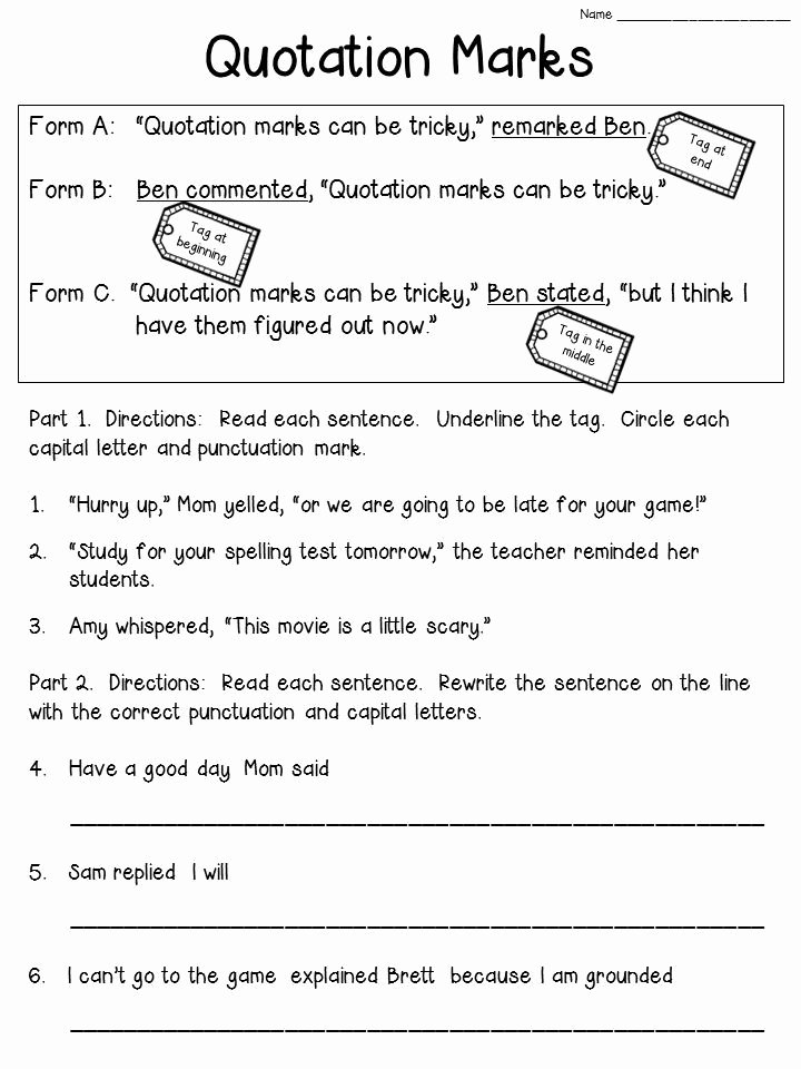 Dialogue Worksheets 4th Grade Quotation Marks Anchor Chart with Freebie