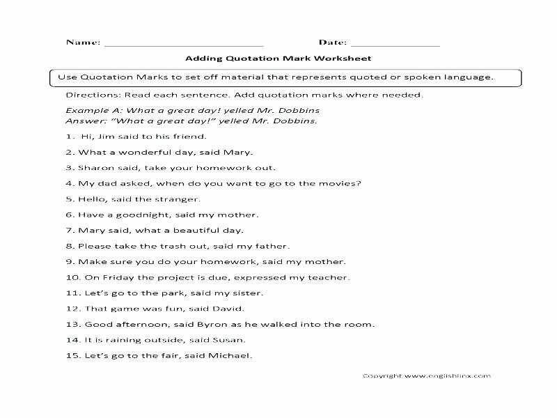 Dialogue Worksheets for Middle School Quotation Marks Worksheet High School Practice Worksheets