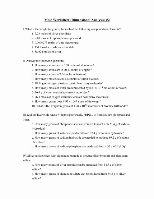 Dimensional Analysis Worksheet Answers Chemistry Mole Worksheet Dimensional Analysis 2