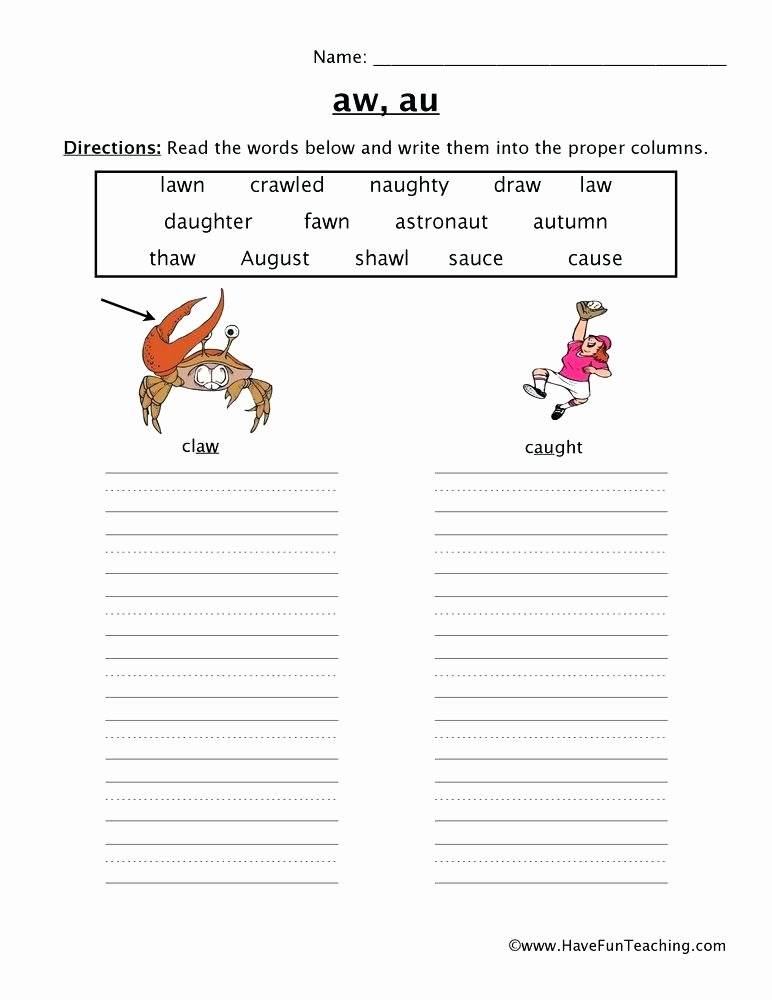 Diphthongs Worksheets Pdf Aw Phonics Worksheets Words with Au Al O