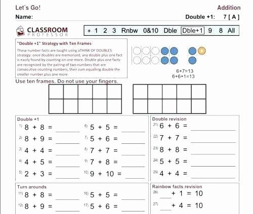 Doubles Addition Facts Worksheets Addition Up to Worksheets for Kindergarten Number Facts Year