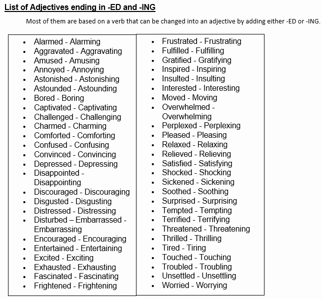 Ed Ending Worksheets List Of Adjectives Ending In Ed and Ing Writing
