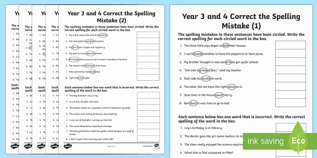 Editing and Proofreading Worksheets Year 3 and 4 Correct the Spelling Mistakes Worksheet