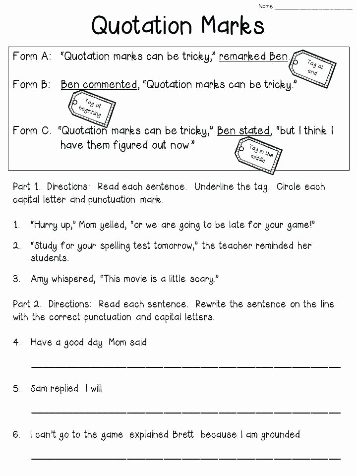 Editing Worksheet 2nd Grade Resources Punctuation Worksheets Quotation Marks Worksheet