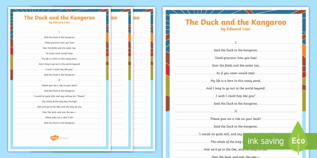 Elements Of Poetry Worksheets the Duck and the Kangaroo Edward Lear Poem Handwriting