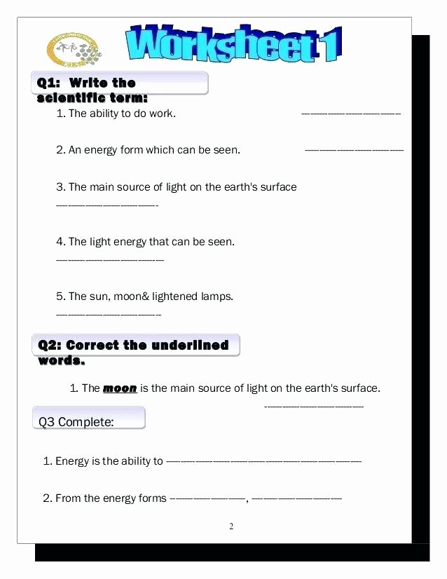 Energy Worksheets for 3rd Grade Light Energy Worksheets