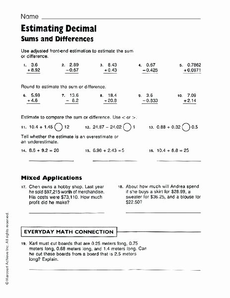 Estimate Sums and Differences Worksheets Estimating Sums and Differences Word Problems