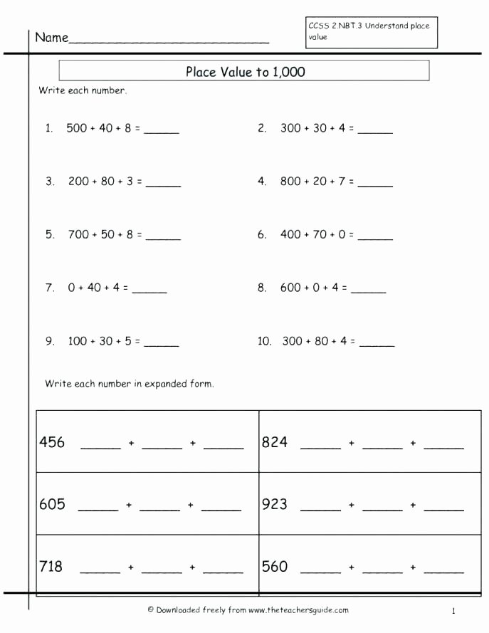Expanded form Worksheets Second Grade Place Value Worksheets for Grade 1
