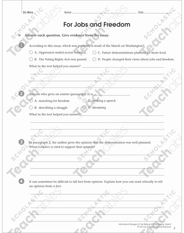 Fact V Opinion Worksheet for Jobs &amp; Freedom Fact &amp; Opinion Close Reading