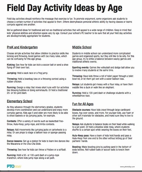 Field Day Worksheets Field Day Activity Ideas by Age From the Pto today File