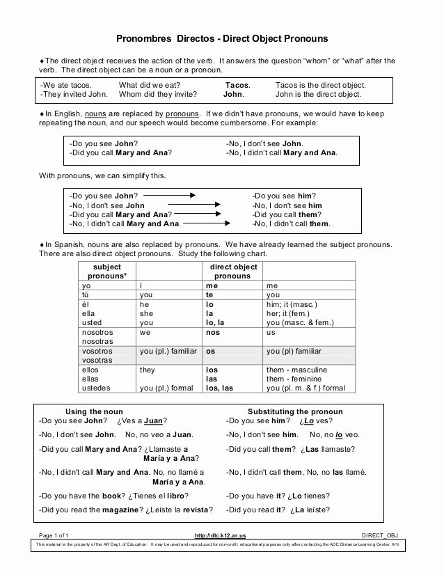 First Grade Pronoun Worksheets Direct and Indirect Object Pronouns Spanish Worksheets