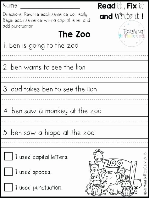 First Grade Punctuation Worksheets Correct the Sentence Capitalization and Punctuation