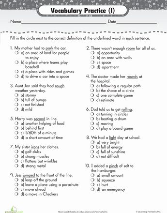 First Grade Vocabulary Worksheets Vocabulary Practice Choose the Definition