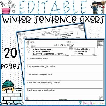 Fixing Sentences Worksheets Editable Winter Sentence Fixers