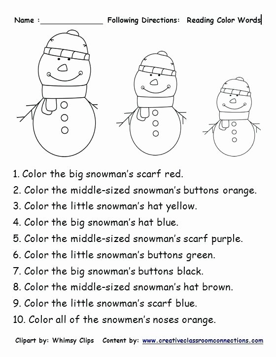 Follow Directions Worksheet Kindergarten Luxury Free Following Directions with Snowmen and Color Words Other