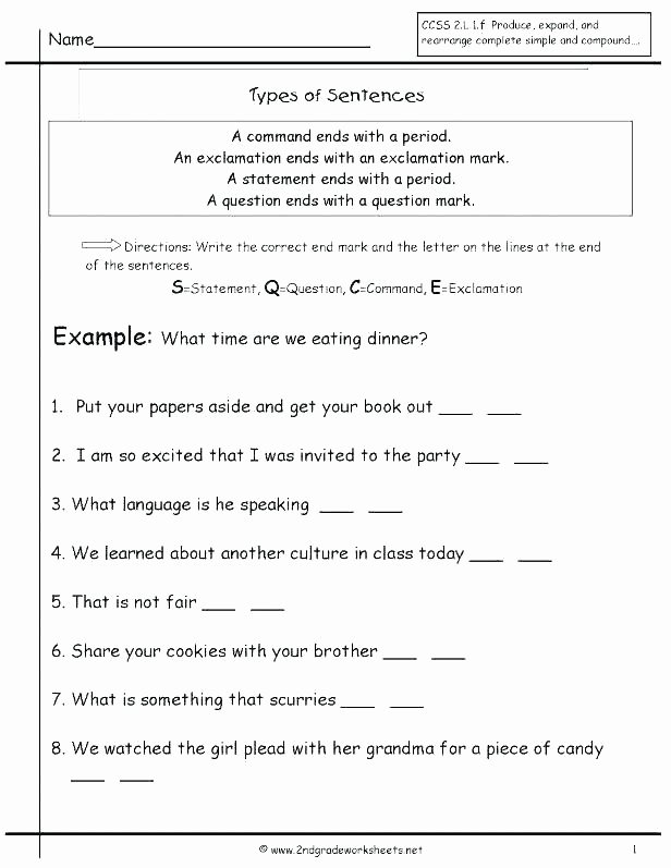 Four Kinds Of Sentences Worksheets 4 Types Sentences Worksheet Second Grade Worksheets L F