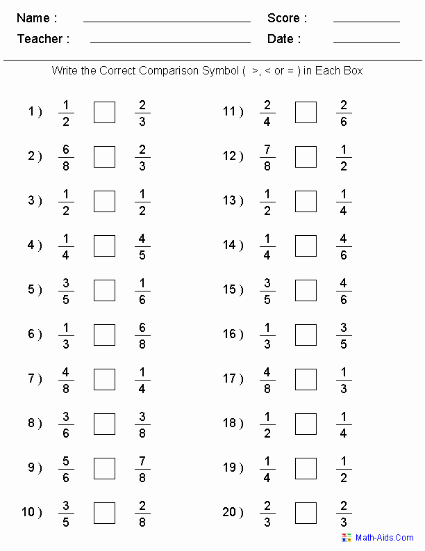 Fractions Worksheets 2nd Grade Greater Than Less Than Worksheets Math Aids