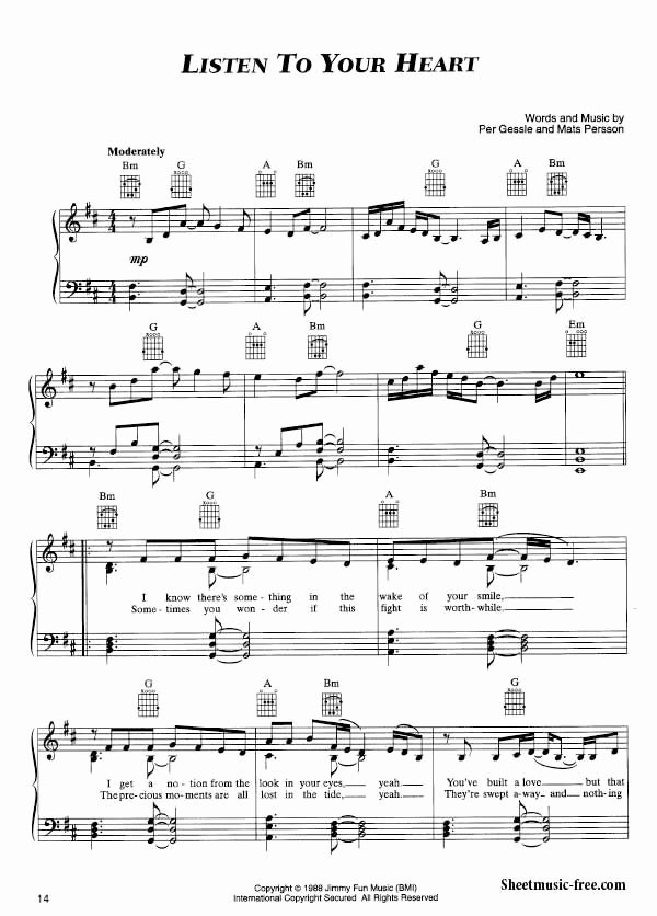 Free Piano Worksheets Listen to Your Heart Piano Sheet Music Roxette
