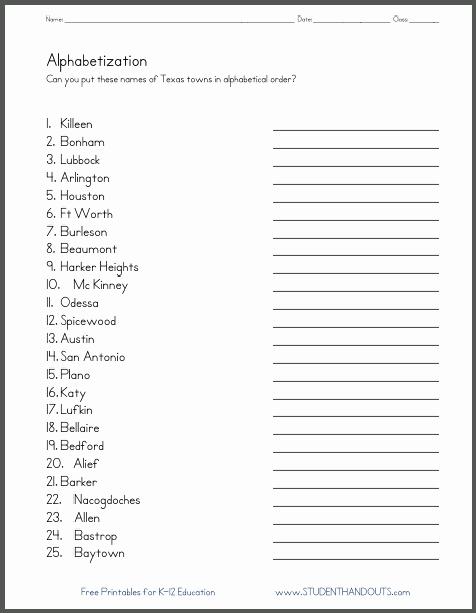 Free Printable Alphabetical order Worksheets Directions Put the Names Of the Following Texas Cities and